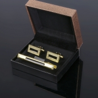 Набор мужской Запонки + зажим для галстука прямоугольник узкий с эмалью, цвет золотой